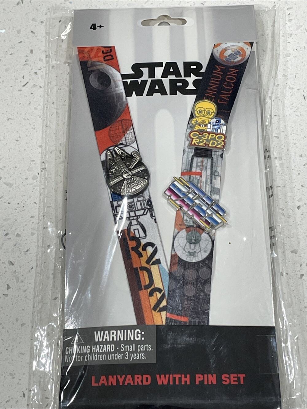 Star Wars C-3PO R2-D2 Millennium Falcon Pins Set On Lanyard & ID Pouch NEW